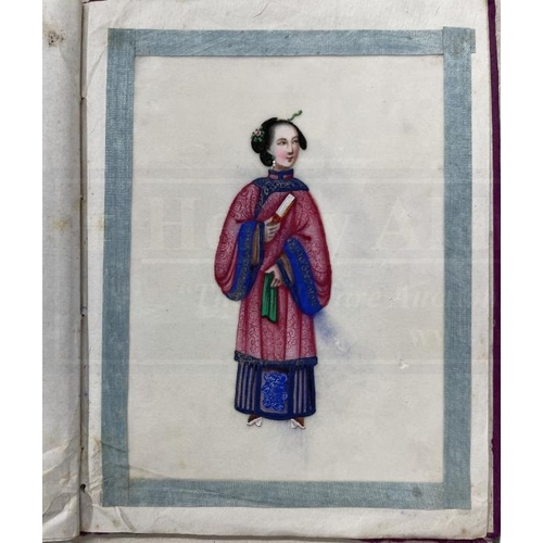 407 - Chinese 19th cent. Album containing eleven watercolours of figures on pith paper, stamped Namshing i... 