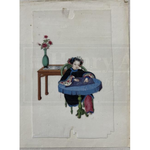 408A - Chinese School: 19th cent. Pith paintings Qing Dynasty a woman astride a shishi 7½ins. x 5ins, a sti... 