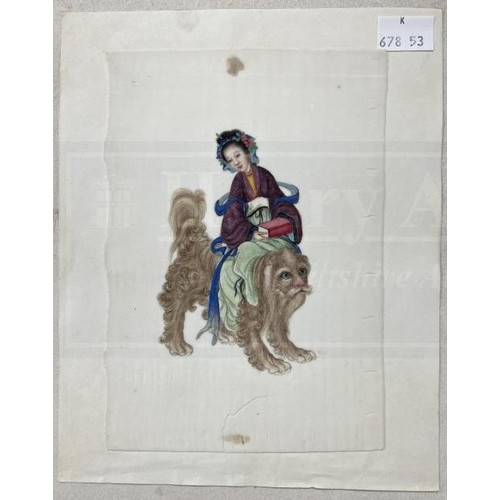 408A - Chinese School: 19th cent. Pith paintings Qing Dynasty a woman astride a shishi 7½ins. x 5ins, a sti... 