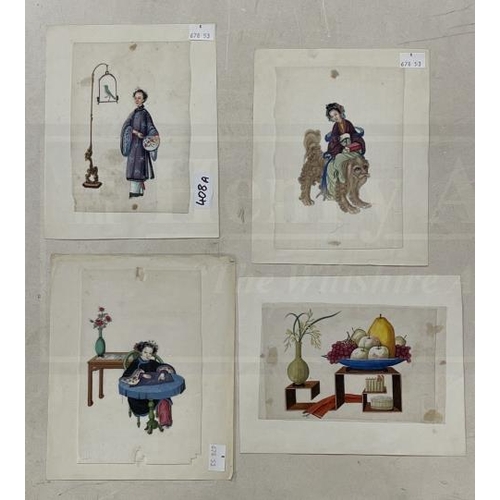 408A - Chinese School: 19th cent. Pith paintings Qing Dynasty a woman astride a shishi 7½ins. x 5ins, a sti... 