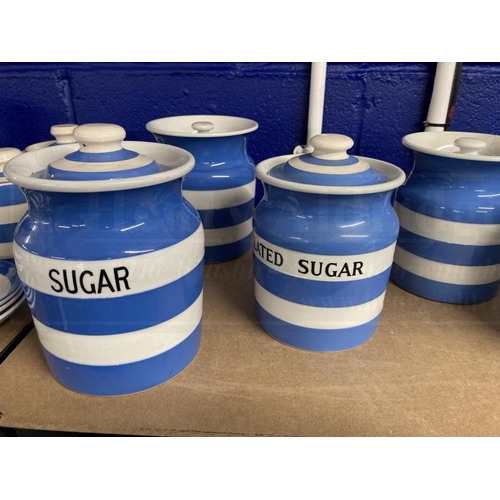 413 - Ceramics: Banded T.G. Green canisters and kitchen ware including Sugar (green stamp), Granulated Sug... 