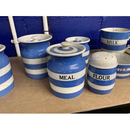 413 - Ceramics: Banded T.G. Green canisters and kitchen ware including Sugar (green stamp), Granulated Sug... 