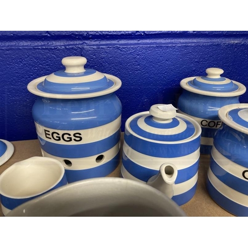 414 - Ceramics: Banded T.G. Green and style mostly modern blue banded canisters and kitchen ware. (13)