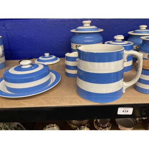 414 - Ceramics: Banded T.G. Green and style mostly modern blue banded canisters and kitchen ware. (13)