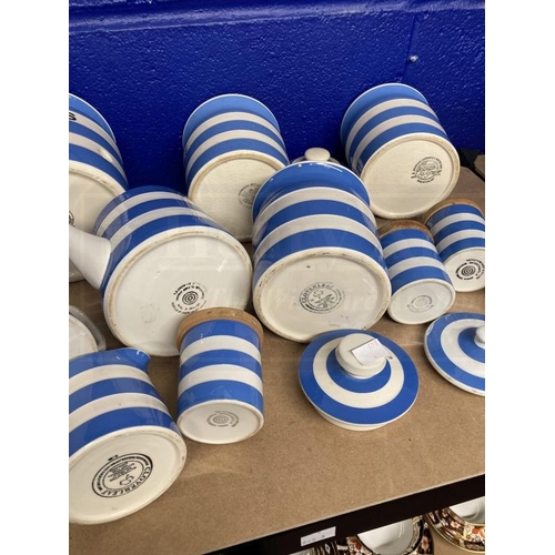 414 - Ceramics: Banded T.G. Green and style mostly modern blue banded canisters and kitchen ware. (13)