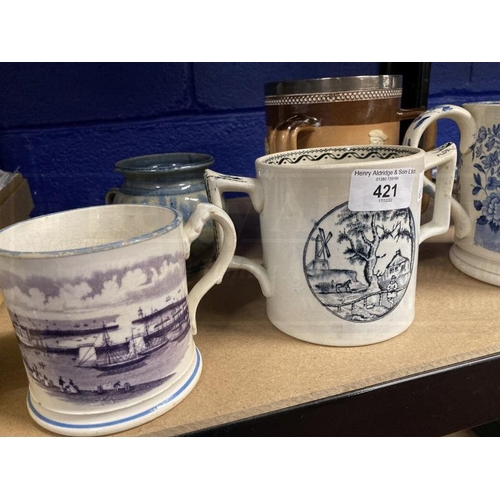 421 - Ceramics: Royal Doulton silver rimmed three handled tankard, transfer printed mug with ships in harb... 