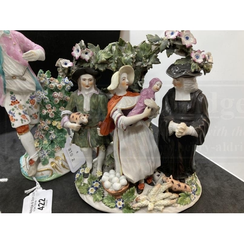 422 - Derby figures The Tithe Pig c1765 of a young couple and a cleric beneath bocage, a vendor with a ban... 