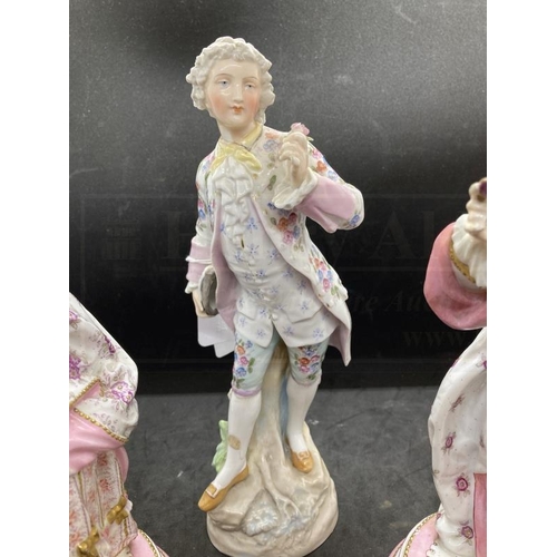 427 - Ceramics: Porcelain figures, young lady and gentleman holding fans, small loss to his fan, on round ... 