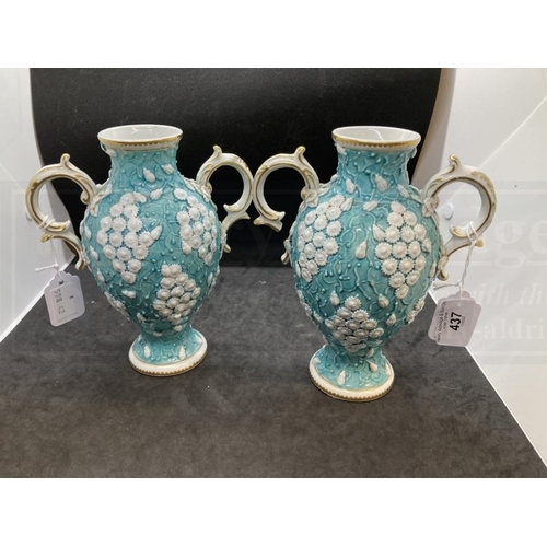 437 - Chelsea Derby two handled vases c1770 applied with clusters of small white flowers on a turquoise gr... 