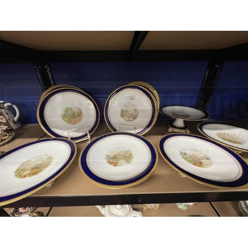 438 - 19th cent. Porcelain dessert service comports x 5, plates x 13, all with gilded edges and hand paint... 