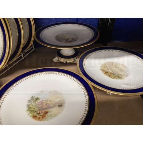 438 - 19th cent. Porcelain dessert service comports x 5, plates x 13, all with gilded edges and hand paint... 