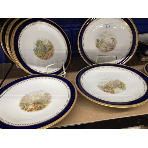 438 - 19th cent. Porcelain dessert service comports x 5, plates x 13, all with gilded edges and hand paint... 