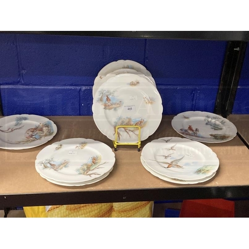 445 - Paris porcelain hand painted plates each depicting a different hunting scene marked with impressed N... 