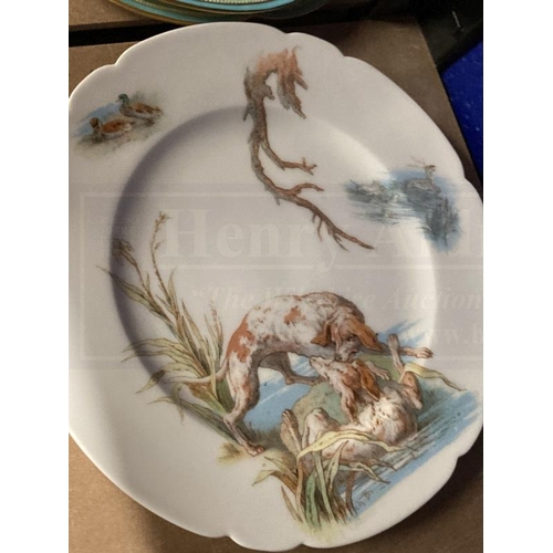 445 - Paris porcelain hand painted plates each depicting a different hunting scene marked with impressed N... 