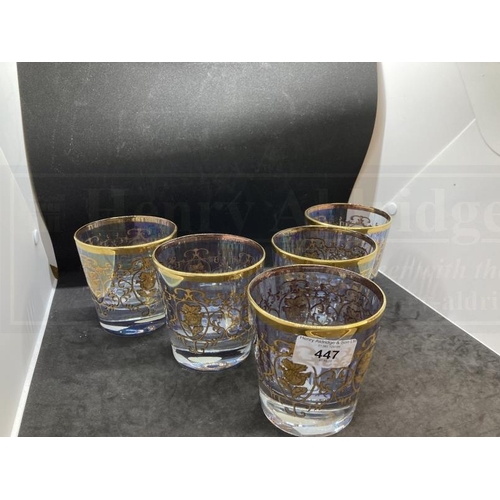 447 - Glass: Italian tumblers decorated with scrolls and flowers in real gold. Made in Italy label and pat... 