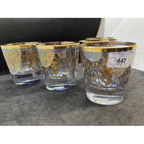 447 - Glass: Italian tumblers decorated with scrolls and flowers in real gold. Made in Italy label and pat... 