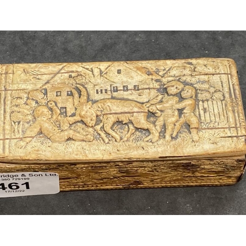 461 - Collectables/Boxes: French P.O.W. snuff box, wood covered in pressed leather depicting a humorous sc... 