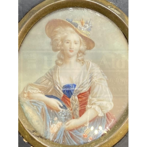 462 - Miniatures: Watercolour on card sister Louis XVI's, in black lacquered frame. 2?ins. x 2?ins.