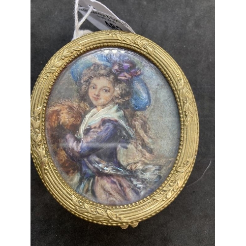 463 - Early 20th cent. Gilt brass oval box with painted top Princess Potocka. 3ins. x 2?ins.