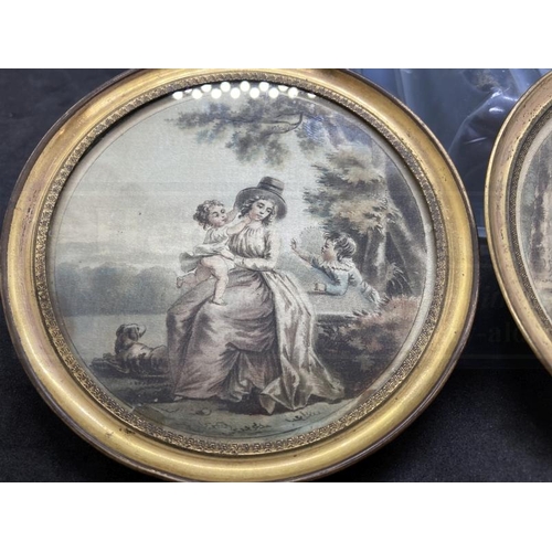 465 - 19th cent. English School: Pair of miniatures woman and children painted on silk in round brass fram... 