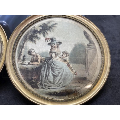 465 - 19th cent. English School: Pair of miniatures woman and children painted on silk in round brass fram... 