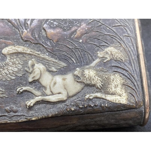 470 - Snuffboxes: 19th cent. Pressed wood snuff box with a hunting scene carved in bone of dogs attacking ... 