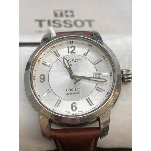 484 - Watches: Stainless steel Tissot PR 200 on a brown leather strap.