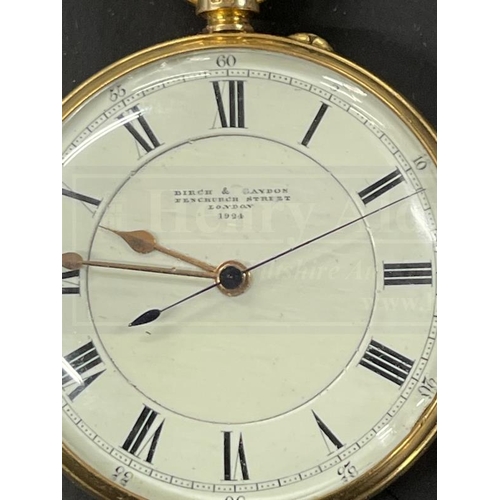 488 - Hallmarked Gold Watches: 18k gold open faced pocket watch by Birch & Gaydon Fenchurch Street, London... 