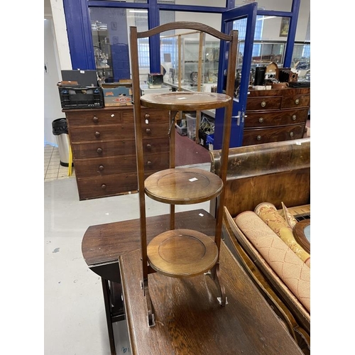 49 - 1920s oak barley twist drop leaf table. 30ins. x 55ins. x 42ins. Plus a three tier Edwardian cake st... 