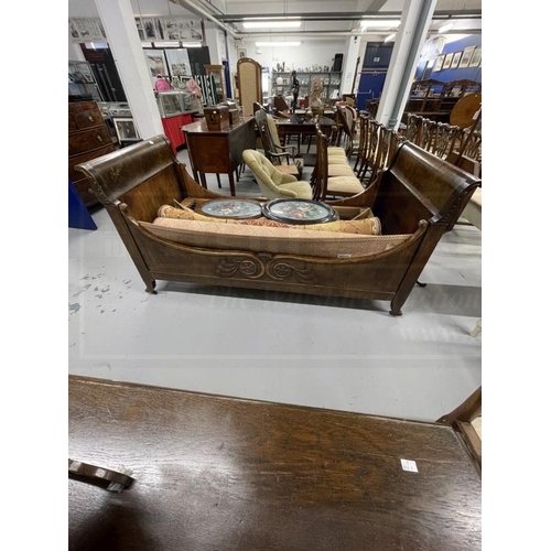 50 - 19th cent. French Empire mahogany bateaux lit bed with garland decoration and sprung base.