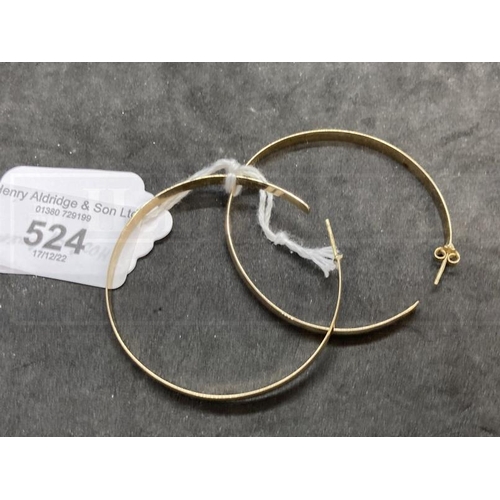 524 - Hallmarked Jewellery: Pair of 9ct gold large hoop earrings. Dia. 2¼ins. Weight 9.4oz.