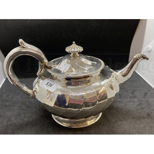 536 - Hallmarked Silver: Georgian three piece tea set melon pattern body, gadroon border, C scroll handle.... 