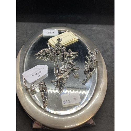 540 - Hallmarked Silver: Oval mirror 9½ins. x 6½ins. Plus eight place name holders in the form of cherubs.... 