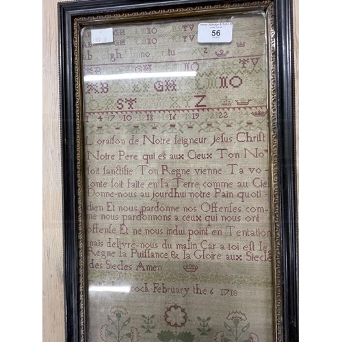 56 - Early 18th cent. Needlework sampler religious text in French with alphabet above and flowers below b... 