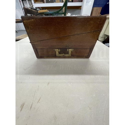 70 - 19th cent. Mahogany writing box with side drawer, escutcheon missing. 6ins. x 16½ins. x 10ins. Plus ... 