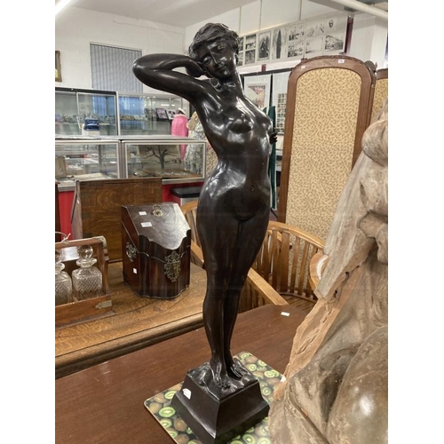 74 - 20th cent. Art Deco style bronze figure, waking female on a square base engraved to the reverse Cham... 