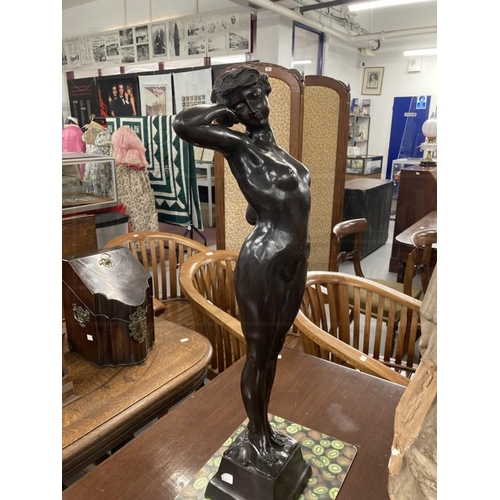 74 - 20th cent. Art Deco style bronze figure, waking female on a square base engraved to the reverse Cham... 