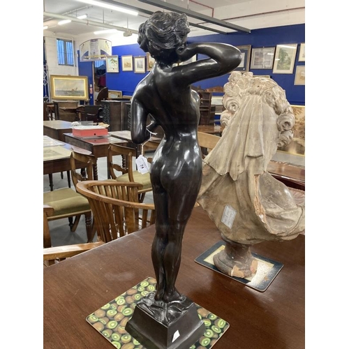 74 - 20th cent. Art Deco style bronze figure, waking female on a square base engraved to the reverse Cham... 