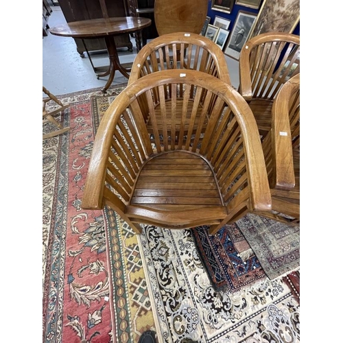 83 - 20th cent. Indonesian hardwood chairs, horseshoe shaped back with open slats, slat work seats with s... 