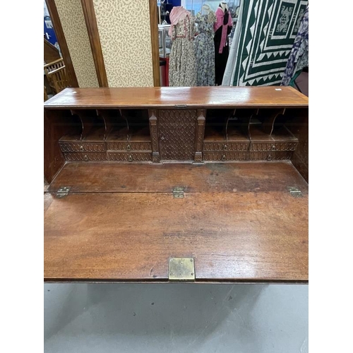 93 - 18th cent. Mahogany bureau two short over three long graduated drawers, cross banded top and fall, t... 