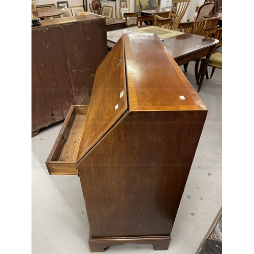 93 - 18th cent. Mahogany bureau two short over three long graduated drawers, cross banded top and fall, t... 