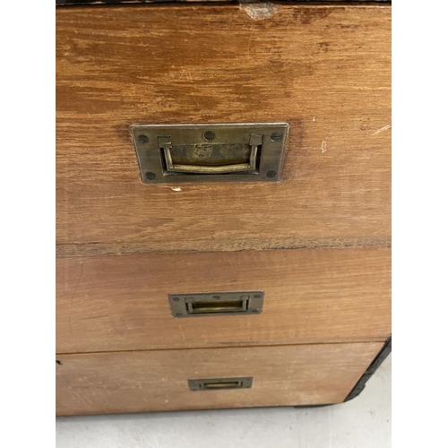 95 - Late 19th/early 20th cent. Campaign iron bound teak chest of three drawers with Army & Navy C.S.L ma... 