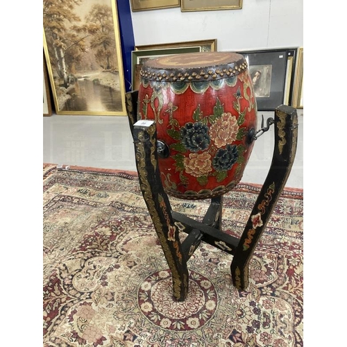 96 - Asian painted Temple drum and stand made from wood the drum with leather top and bottom and the fold... 