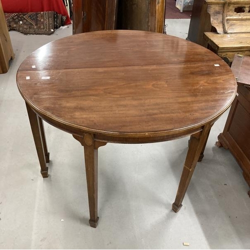 77 - Edwardian demi-lune mahogany dining table, moulded edge on square tapered legs & spade feet with one... 