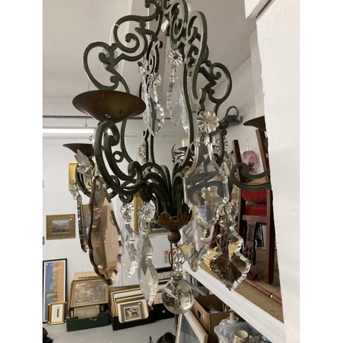 9 - Lighting: Vintage metal and cut glass chandelier, four lights. 24ins. Drop. Plus a pair of metal and... 