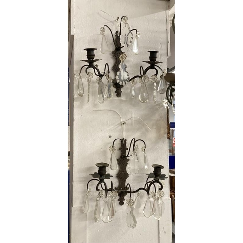 9 - Lighting: Vintage metal and cut glass chandelier, four lights. 24ins. Drop. Plus a pair of metal and... 