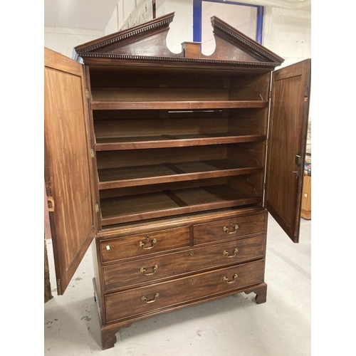 91 - 19th cent. Mahogany press cabinet on chest four slider press on two over two chest of drawers on bra... 