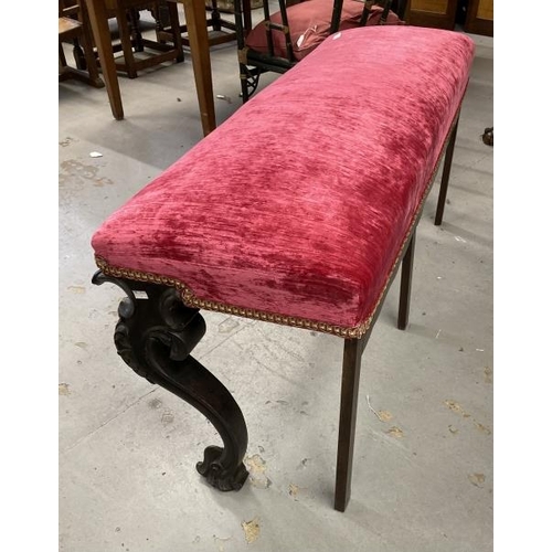 109 - 19th cent. Cabriole leg upholstered window seat with later alterations. 56ins. x 20ins.