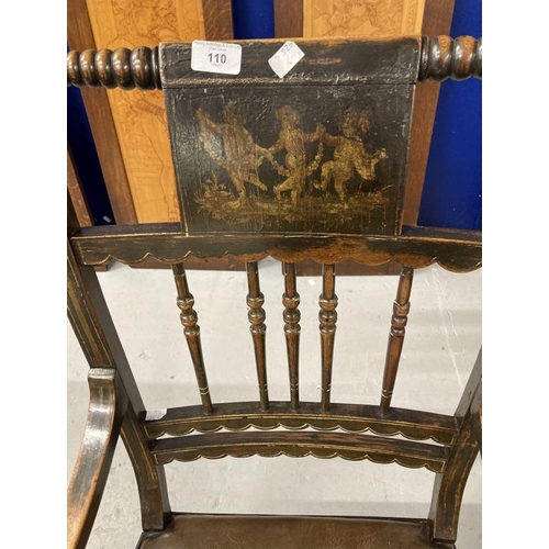 110 - 19th cent. Armchair, the back with a painted panel of dancing figures, turned spindles below, shaped... 