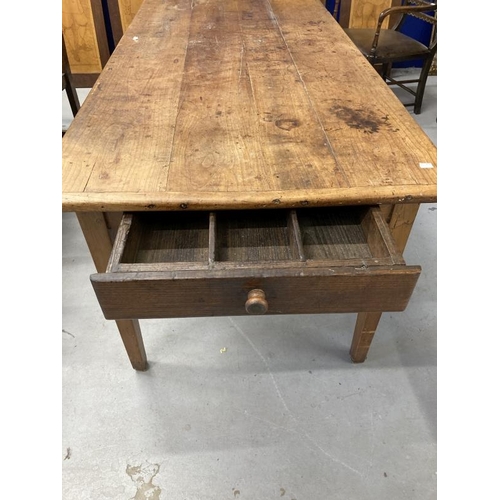 114 - 19th cent. French fruitwood farmhouse table, four plank top with cleated ends, single drawer on one ... 